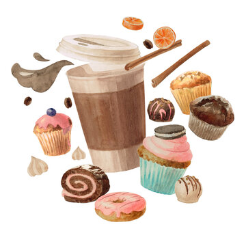 Coffee, cupcakes and candy. Watercolour. The images are hand-drawn and isolated on a white background.