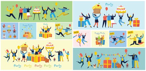 Obraz na płótnie Canvas Party background. Happy group of people jumping on a bright background. The concept of friendship, healthy lifestyle, success. Vector illustration