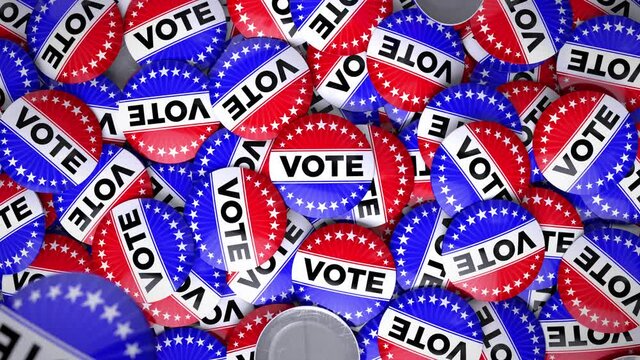 Patriotic USA Election Vote Buttons in a Pile.  Pins feature stars and stripes theme in red white and blue.