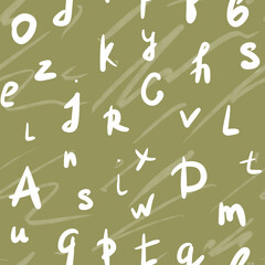 seamless pattern with white handwritten alphabet on yellow background. Print, packaging, stationery, packaging, school design	

