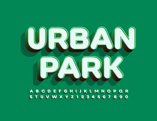 Vector green emblem Urban Park. Trendy style Font. Stylish 3D Alphabet Letters and Numbers set