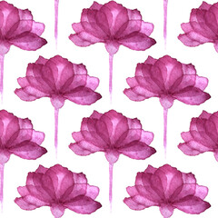 White-purple floral seamless pattern. Repeating background with simple vertical watercolor flowers.  White background. Hand drawn décor for fabric print or wallpaper.