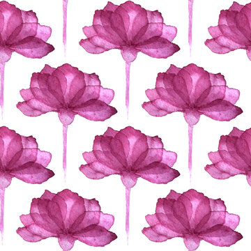 White-purple floral seamless pattern. Repeating background with simple vertical watercolor flowers.  White background. Hand drawn d&eacute;cor for fabric print or wallpaper.