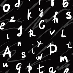 seamless pattern with white handwritten alphabet on black background. Print, packaging, stationery, packaging, school design