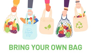 Hands hold eco bags. People bring own bag for grocery. Reusable plastic free pack with food. Zero waste products for shopping vector concept. Eco bag shopper, organic green ecological illustration