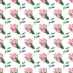 Watercolor illustration of pink tulips. Seamless pattern for textiles and wrapping paper. Spring flowers. Gift for a girl on March 8. Romance