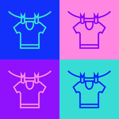 Pop art line Drying clothes icon isolated on color background. Clean shirt. Wash clothes on a rope with clothespins. Clothing care and tidiness. Vector.
