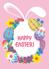 Easter poster with painted eggs, spring flowers and bunny ears. Vector illustration, postcard, flyer