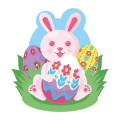 Cute pink Easter bunny sitting on the grass with a painted egg in his hands and two eggs behind him. Vector illustration, character, postcard, poster, emblem, sticker, print for clothes