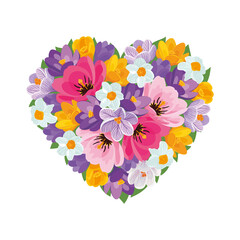 Floral heart, a bouquet of blooming crocuses, tulips and daffodils. Vector illustration, design element, decor, decoration for festive event,  print for clothes