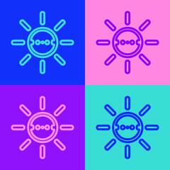 Pop art line Solar energy panel icon isolated on color background. Sun with lightning symbol. Vector.