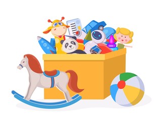 Kids toy box. Cartoon children play container with doll, ball, stuff animals, car and horse. Boys and girls kindergarten toys vector concept. Stuff in container, children bear and robot illustration