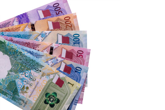 New 1, 10, 50, 100, 200 and 500 Qatari Riyal banknotes isolated on white background