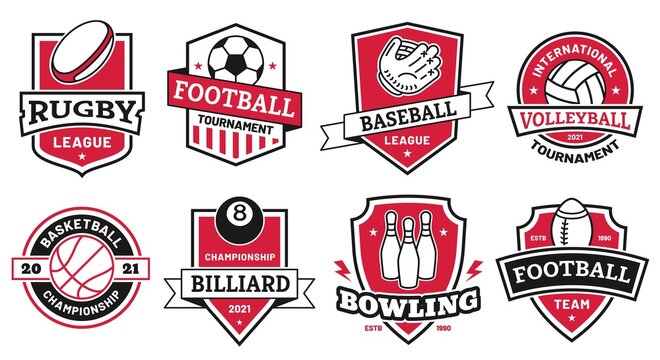 Ball sports logo. Badges for american football, soccer and basketball league. Volleyball and bowling tournament symbol on shield vector set. Illustration logo sport club, baseball badge