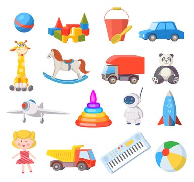 Baby toys. Cartoon kids toy for boys and girls ball, car, doll, robot, rocket and airplane. Fun child belongings for baby shower vector set. Illustration bear and train, pyramid and robot