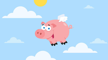 Pig Cartoon Character Flying In Sky. Vector Illustration Flat Design With Sky Background