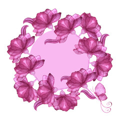 Banner with purple flower wreath on white background. Watercolor floral frame. Template for greeting card or invitations. 