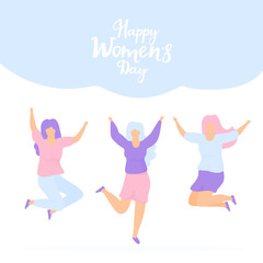 Fototapeta na wymiar International Women's Day. Sisterhood. Group of young joyful girls jumping with raised hands.