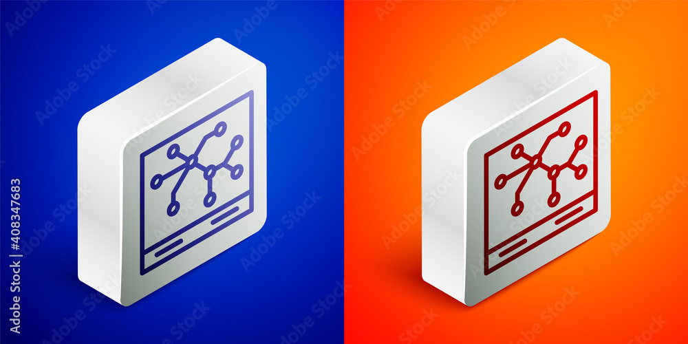 Poster isometric line railway map icon isolated on blue and orange background. silver square button. vector