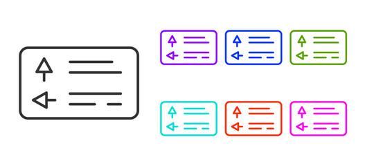 Black line Road traffic sign. Signpost icon isolated on white background. Pointer symbol. Street information sign. Direction sign. Set icons colorful. Vector.