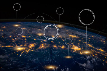 Map of the planet, world map. wireless technology network Concept, global social network future. Icon rising from the surface of the earth. network and telecommunication.
