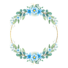 Floral frame with blue flowers.Watercolor hand painted round wreath with flowers,leaves and branches.
