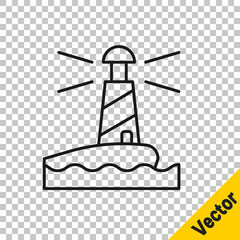 Black line Lighthouse icon isolated on transparent background. Vector.