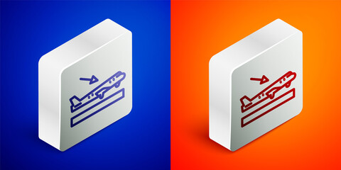 Isometric line Plane landing icon isolated on blue and orange background. Airplane transport symbol. Silver square button. Vector.