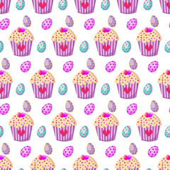 Pattern with Easter cake and eggs. Vector illustration isolated on white background. Easter design for packaging goods and gifts, fabrics and decor.