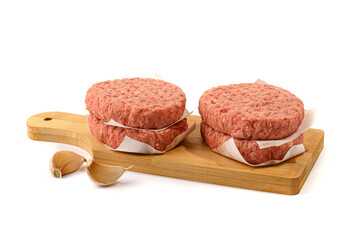 Raw beef patties for a burger.Selective focus.Isolated on a white background.