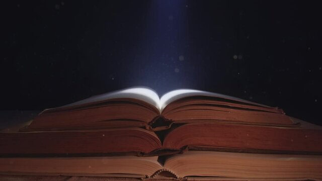 The moonlight falls down on the opened book.