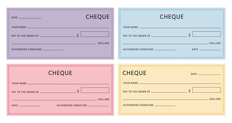 Cheque template. Blank checkbook pages mockups with empty fields. Bank check designs with borders. Colorful fake voucher cheques vector set. Illustration banknote cheque bill blank