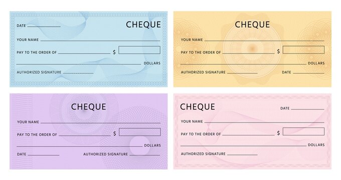Cheque with guilloche. Bank chequebook template. Blank mockup for banknote voucher with spirograph watermark and abstract pattern vector set. Illustration cheque banknote with spirograph