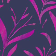 Fototapeta na wymiar Seamless pattern with hand-drawn shining purple gradient branches on blue-gray background. Linen, bedclothing, print, packaging, wallpaper, textile design