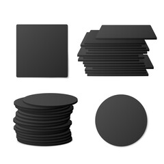 Set of round and square black beer cup coasters a vector realistic illustration.