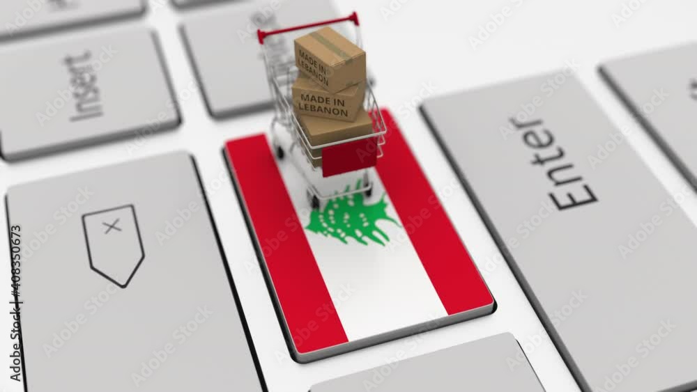 Aufkleber boxes with made in lebanon text and shopping cart on the keyboard. conceptual looping 3d animation