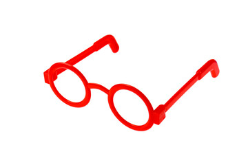 Red rim of round glasses on a white background, isolated