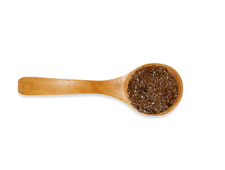 Top view  wooden spoon with flax seeds  isolated on a white background. Kitchen utensil and cooking...