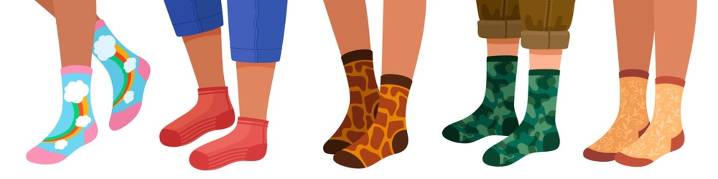 Legs in socks. Women and men leg in trendy sock pairs with pattern and texture. Flat cartoon female feets in stylish warm socks vector set. Illustration man women leg in socks fashionable