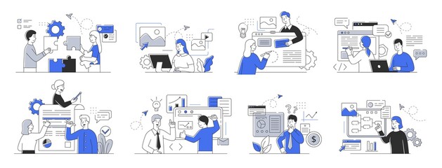 Collection of office scenes. Workflow concept. Men and women taking part in business discussion, presentation, brainstorming, talking to each other. Set of simple style outline vector illustrations