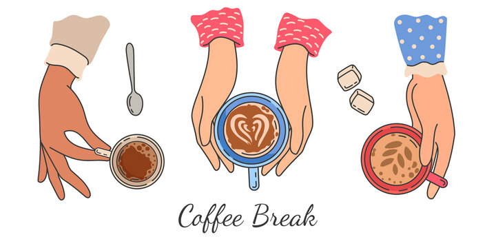 Hands holding coffee cups. Top view of female hand holds mug with hot morning drink, latte and espresso. Women friends meeting vector poster. Illustration female hand with coffee cup