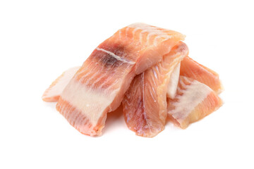 Pangasius fish fillet, pieces . Isolated on a white background. Fresh Fish Fillet.