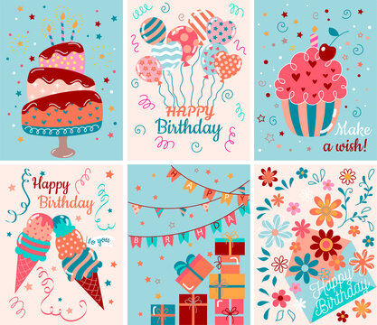 Happy birthday greeting card or party invitation set, flat cartoon vector illustration, hand drawn style.