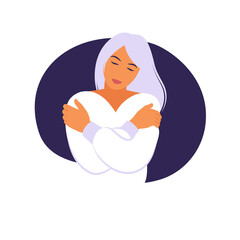 Love yourself. Love your body concept. Take time for yourself. Smiling woman hug herself. Body care concept isolated on white background.