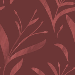 Seamless monochrome dark red pattern with hand-drawn plants and branches. Linen, bedclothing, print, packaging, wallpaper, textile design