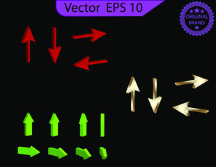 Curved arrow icons set. 3D arrows. Down and up 3d arrows. Red signs with reflection. Vector illustration.