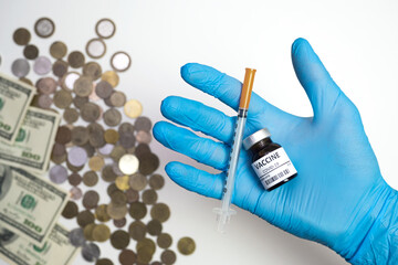 Coronavirus vaccine cost. vaccine ampoule and money. Fight against Covid-19. Pevention,...
