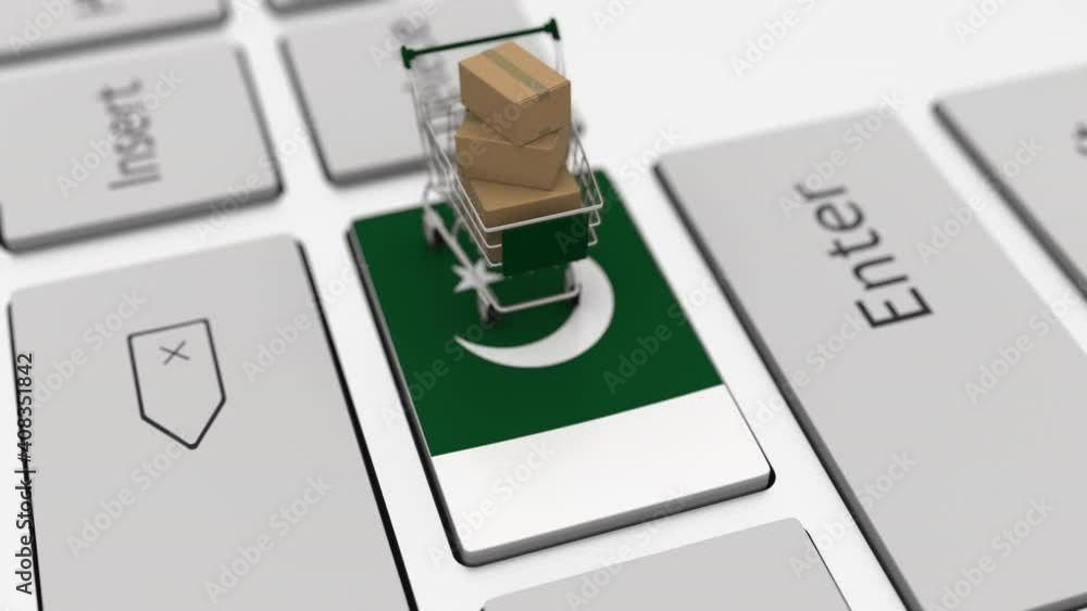 Aufkleber shopping cart on the keyboard key with flag of pakistan. looping ecommerce related 3d animation