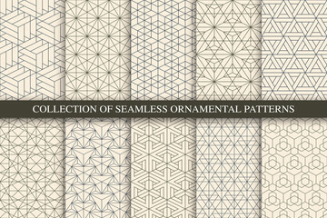 Collection of vector seamless geometric ornamental patterns. Trendy beige oriental backgrounds. Tile mosaic design