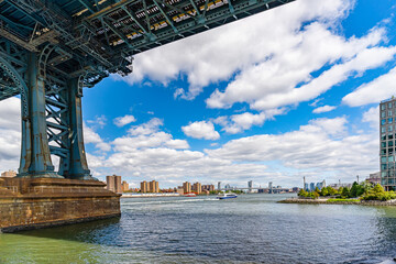 Manhattan Bridge over East River and waterfront condominium Manhattan New York City Wide angle view